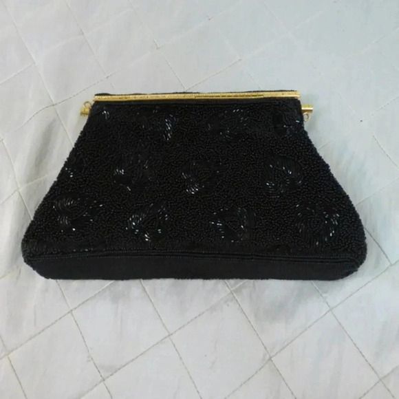 Black Beaded Satin Evening Bag  Vintage 1950s Clutch Hearts Leaf Design Elegant - Picture 6 of 10